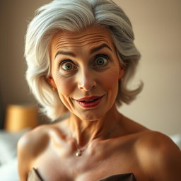 An attractive 65-year-old woman, radiating elegance and charm, is facing the camera head-on with an expressive, surprised face