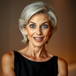 An attractive 65-year-old woman, embodying confidence and grace, is facing the camera directly with an expressive, surprised look on her face