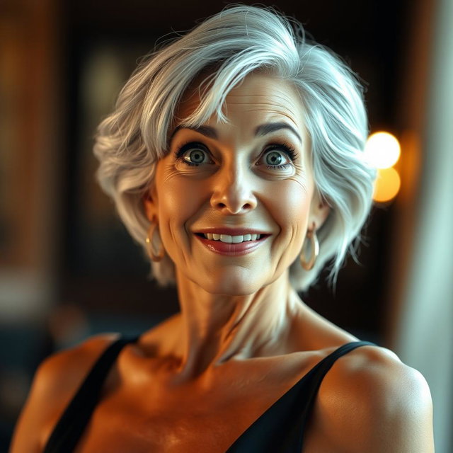 An attractive 65-year-old woman, embodying confidence and grace, is facing the camera directly with an expressive, surprised look on her face