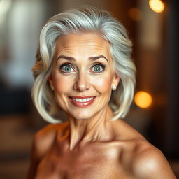 An attractive 65-year-old woman, embodying confidence and grace, is facing the camera directly with an expressive, surprised look on her face