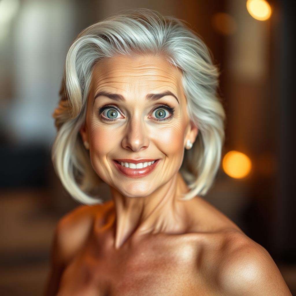 An attractive 65-year-old woman, embodying confidence and grace, is facing the camera directly with an expressive, surprised look on her face
