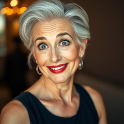 An attractive 65-year-old woman, embodying confidence and grace, is facing the camera directly with an expressive, surprised look on her face