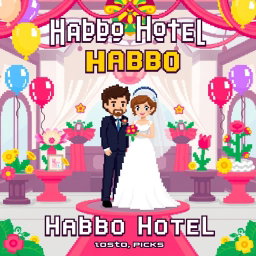 A pixel art wedding invitation designed in the style of Habbo Hotel