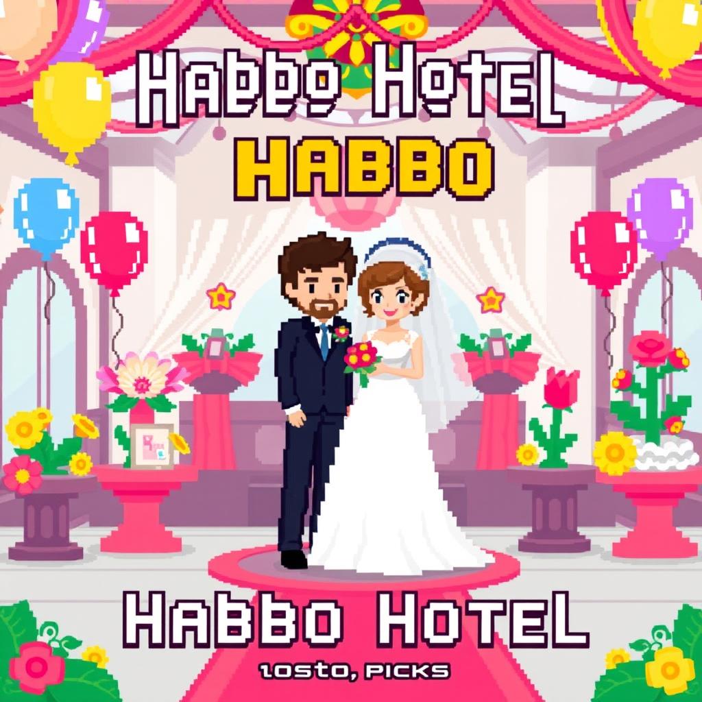 A pixel art wedding invitation designed in the style of Habbo Hotel