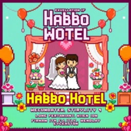A pixel art wedding invitation designed in the style of Habbo Hotel