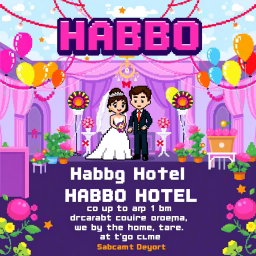 A pixel art wedding invitation designed in the style of Habbo Hotel