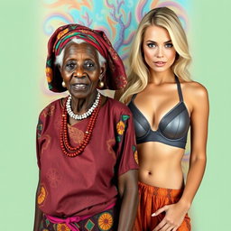 An intriguing scene featuring an elderly African woman with distinct features, dressed in colorful, traditional clothing that highlights her age with pride, set against a vibrant background