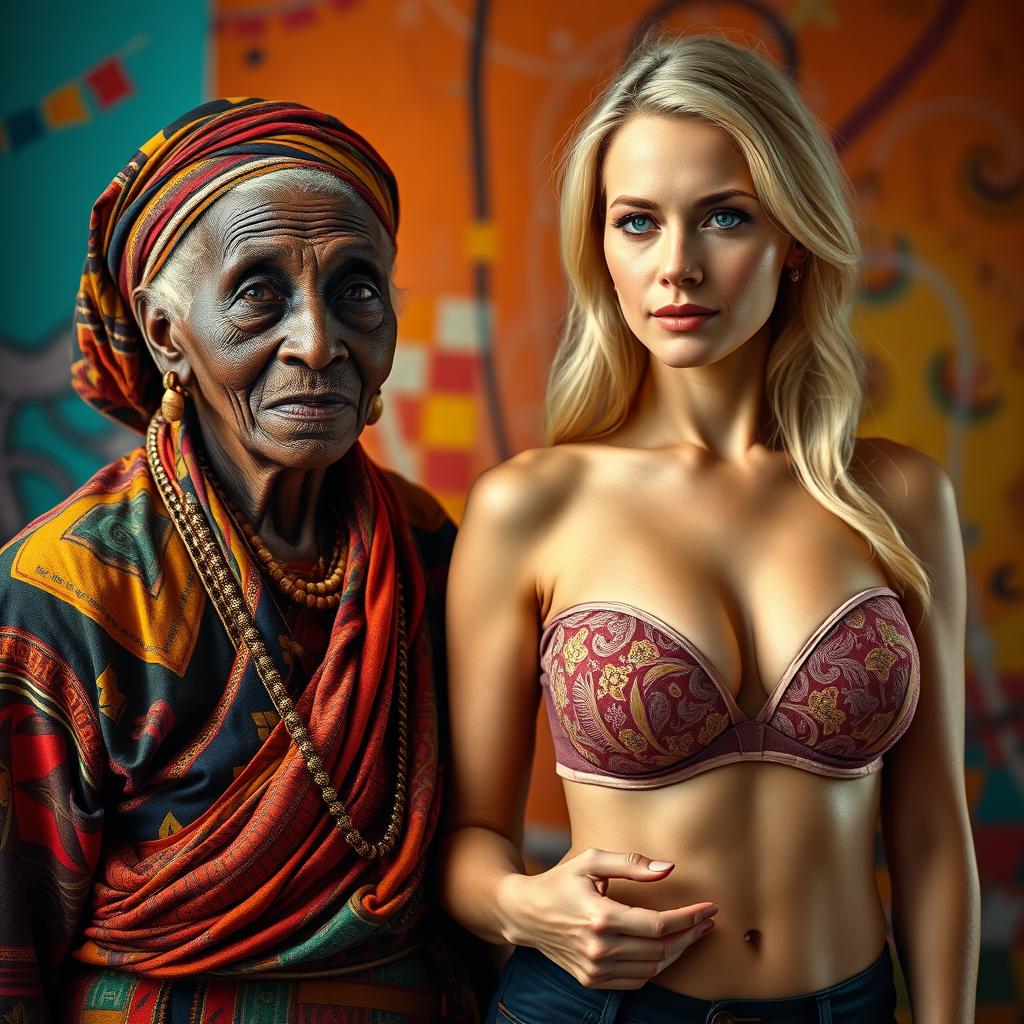 An intriguing scene featuring an elderly African woman with distinct features, dressed in colorful, traditional clothing that highlights her age with pride, set against a vibrant background