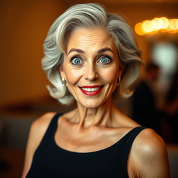 An attractive 65-year-old woman, exuding elegance and charm, is facing the camera directly with a face full of surprise