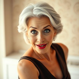 An attractive 65-year-old woman, exuding elegance and charm, is facing the camera directly with a face full of surprise