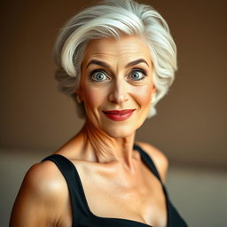 An attractive 65-year-old woman, exuding elegance and charm, is facing the camera directly with a face full of surprise