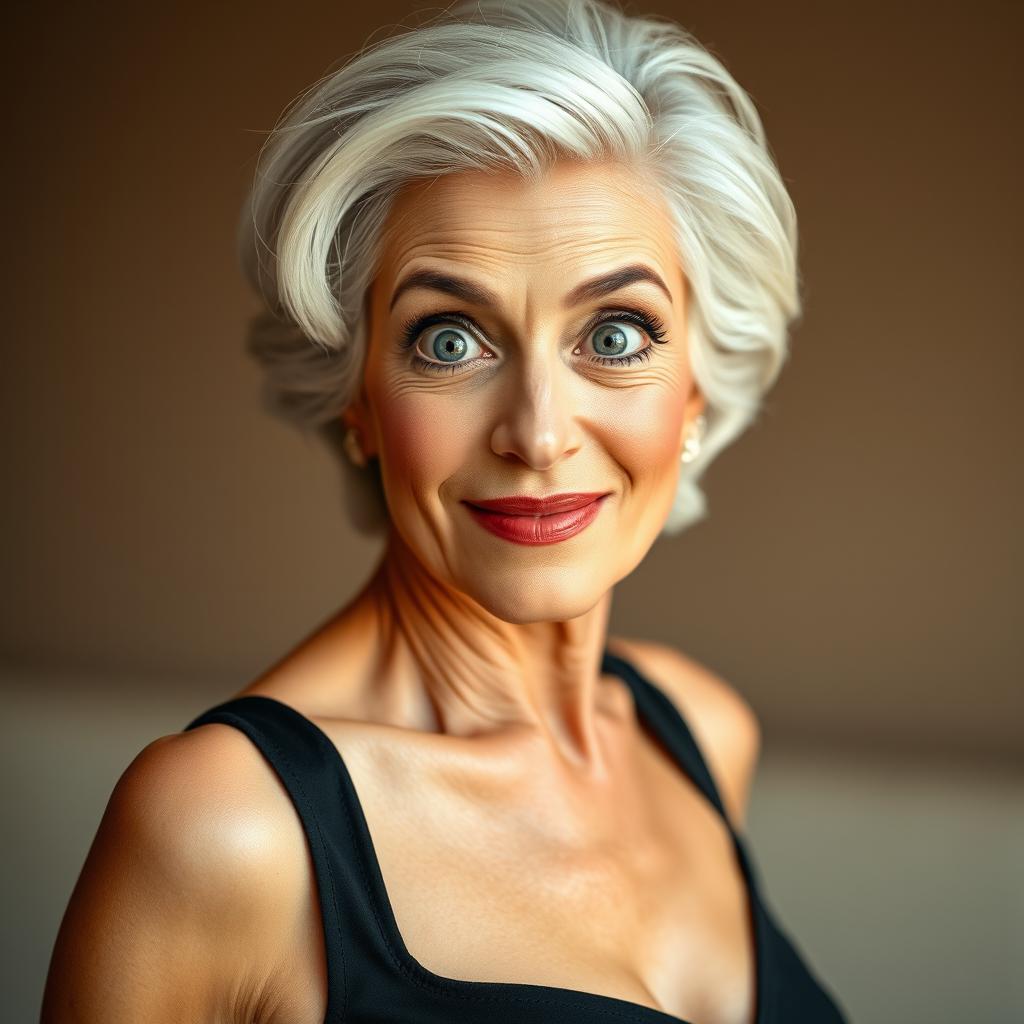 An attractive 65-year-old woman, exuding elegance and charm, is facing the camera directly with a face full of surprise