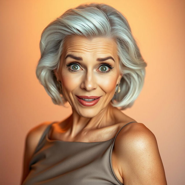 An attractive 65-year-old woman, exuding elegance and charm, is facing the camera directly with a face full of surprise