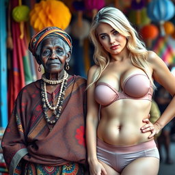 A visually striking scene featuring an elderly African woman with unique, rugged features, dressed in traditional yet colorful attire that reflects her cultural background