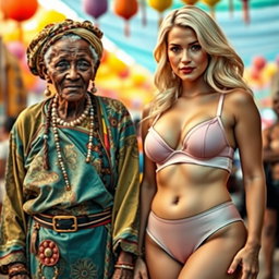 A visually striking scene featuring an elderly African woman with unique, rugged features, dressed in traditional yet colorful attire that reflects her cultural background