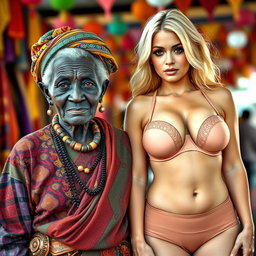 A visually striking scene featuring an elderly African woman with unique, rugged features, dressed in traditional yet colorful attire that reflects her cultural background