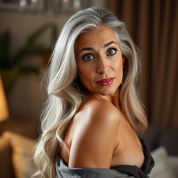 A beautiful 65-year-old woman with a surprised expression, facing the camera, and in a sensual pose