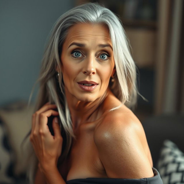 A beautiful 65-year-old woman with a surprised expression, facing the camera, and in a sensual pose