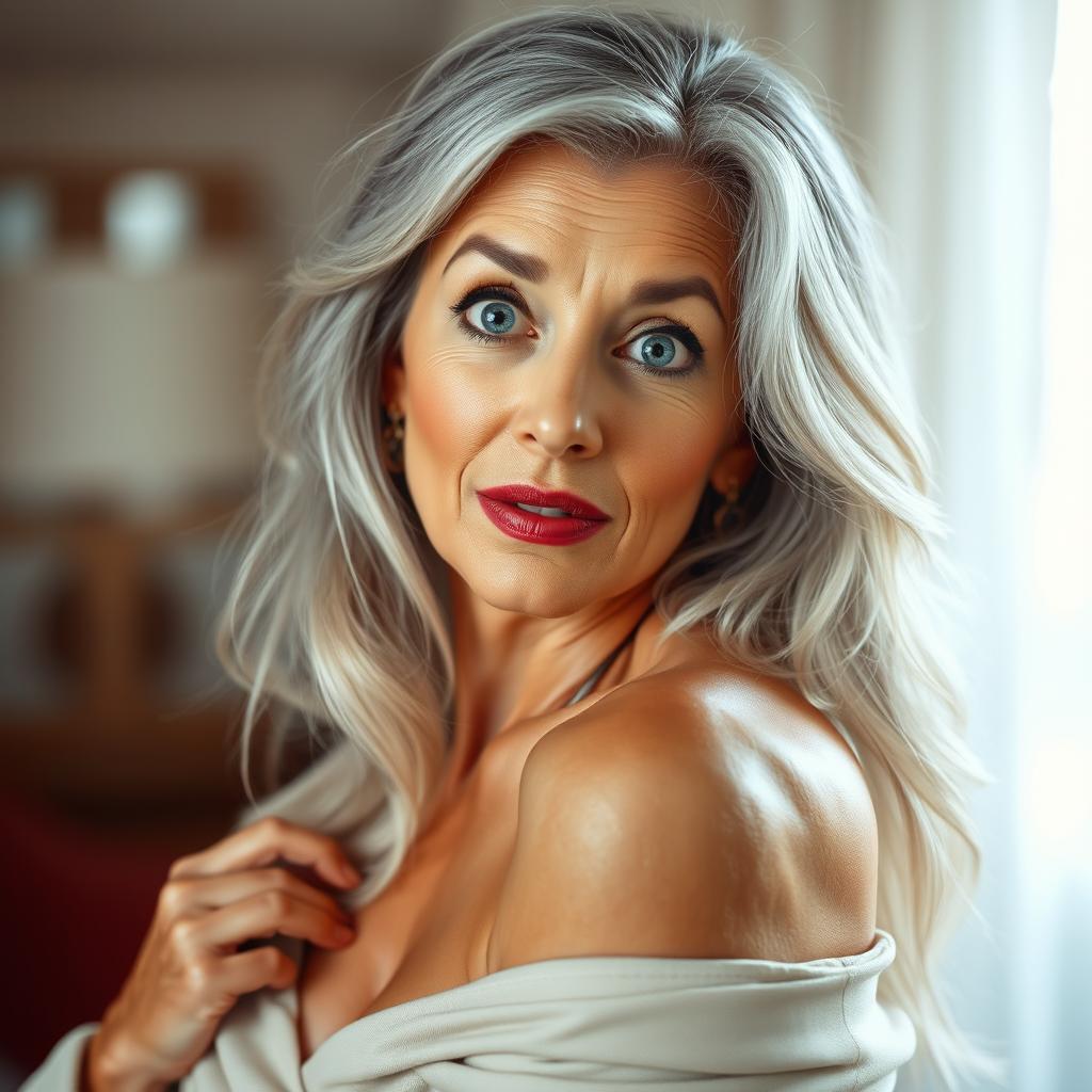A beautiful 65-year-old woman with a surprised expression, facing the camera, and in a sensual pose