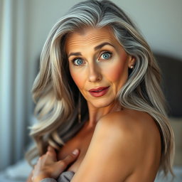 A beautiful 65-year-old woman with a surprised expression, facing the camera, and in a sensual pose