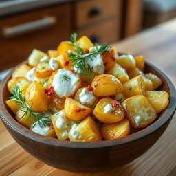 A vibrant and delicious roasted potato salad, beautifully mixed with creamy yogurt and fresh dill