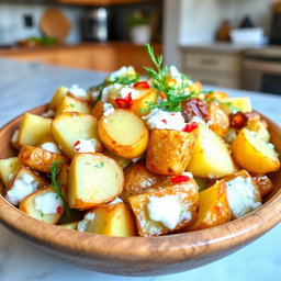 A vibrant and delicious roasted potato salad, beautifully mixed with creamy yogurt and fresh dill