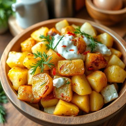 A vibrant and delicious roasted potato salad, beautifully mixed with creamy yogurt and fresh dill