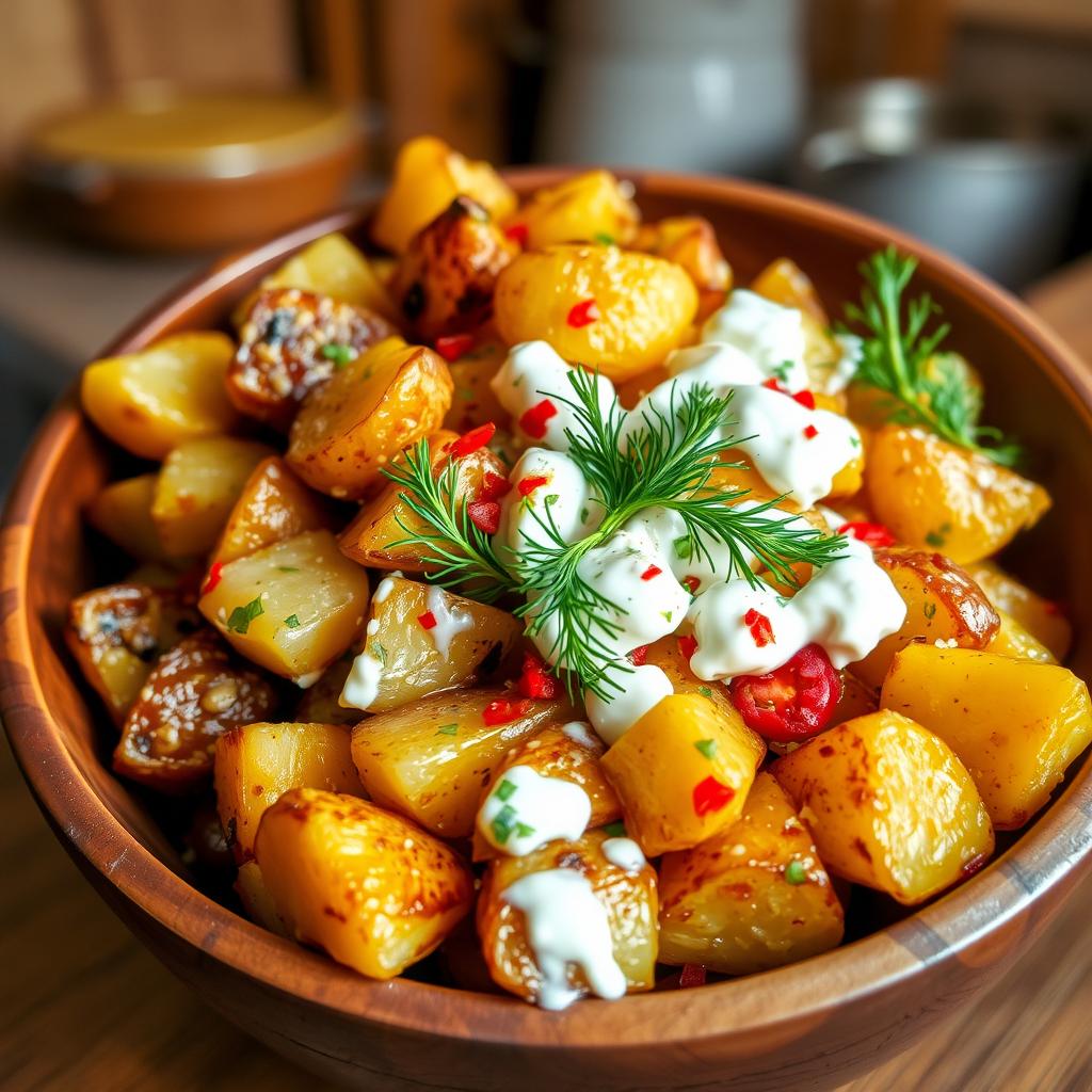 A vibrant and delicious roasted potato salad, beautifully mixed with creamy yogurt and fresh dill