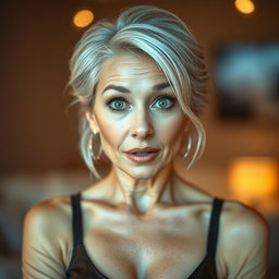 A stunning 65-year-old woman with a surprised expression, facing the camera, embodying a sensual pose