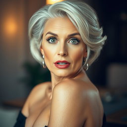 A stunning 65-year-old woman with a surprised expression, facing the camera, embodying a sensual pose