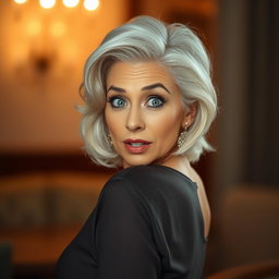 A stunning 65-year-old woman with a surprised expression, facing the camera, embodying a sensual pose