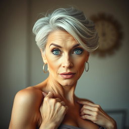 A stunning 65-year-old woman with a surprised expression, facing the camera, embodying a sensual pose