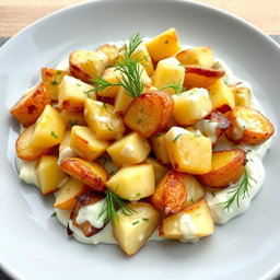 A beautifully arranged dish of roasted potato salad, featuring crispy potatoes mixed throughout a creamy yogurt base, garnished with fresh dill