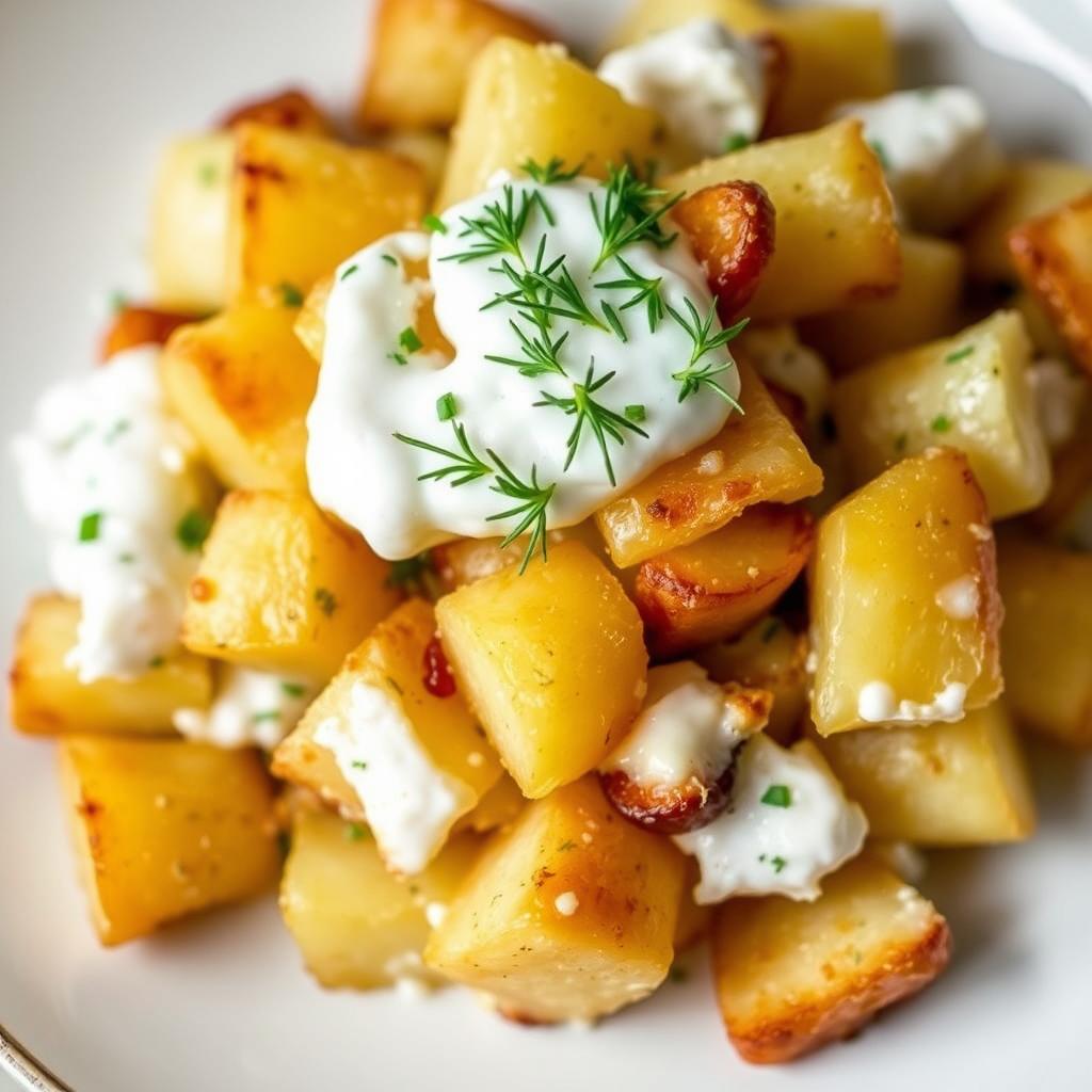 A beautifully arranged dish of roasted potato salad, featuring crispy potatoes mixed throughout a creamy yogurt base, garnished with fresh dill