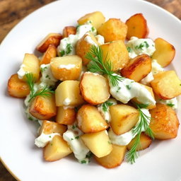 A beautifully arranged dish of roasted potato salad, featuring crispy potatoes mixed throughout a creamy yogurt base, garnished with fresh dill
