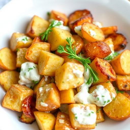 A beautifully arranged dish of roasted potato salad, featuring crispy potatoes mixed throughout a creamy yogurt base, garnished with fresh dill