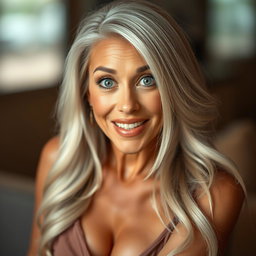A stunning 65-year-old woman with a surprised expression, looking directly at the camera in a sensual pose