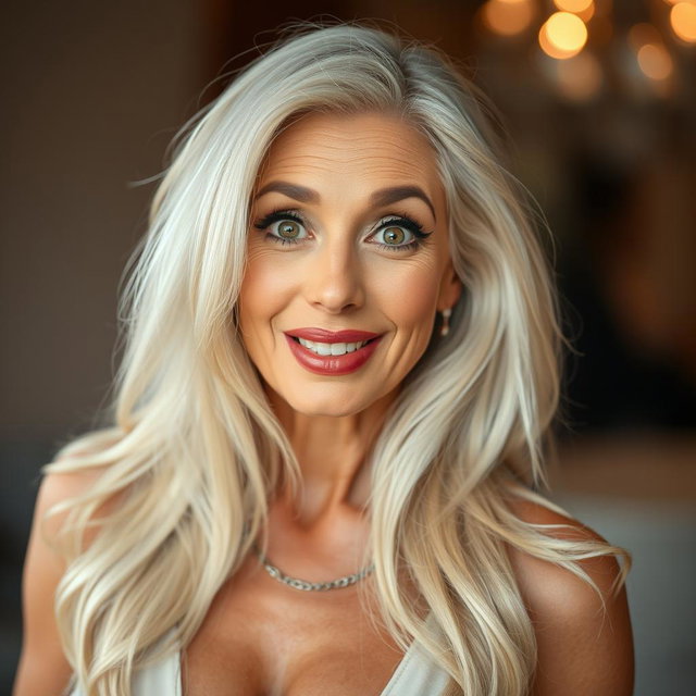 A stunning 65-year-old woman with a surprised expression, looking directly at the camera in a sensual pose