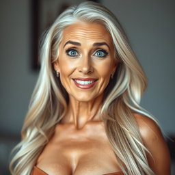 A stunning 65-year-old woman with a surprised expression, looking directly at the camera in a sensual pose