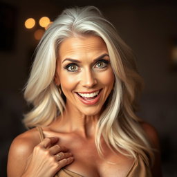 A stunning 65-year-old woman with a surprised expression, looking directly at the camera in a sensual pose