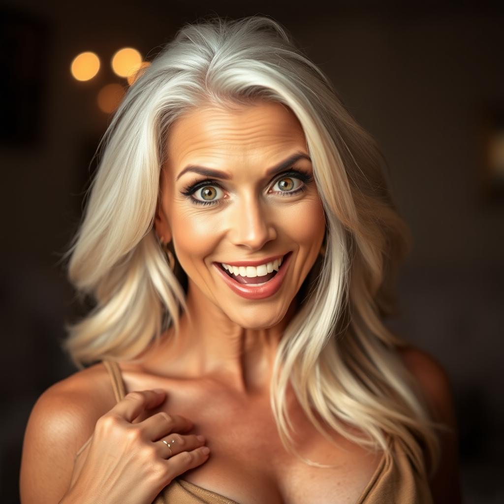 A stunning 65-year-old woman with a surprised expression, looking directly at the camera in a sensual pose