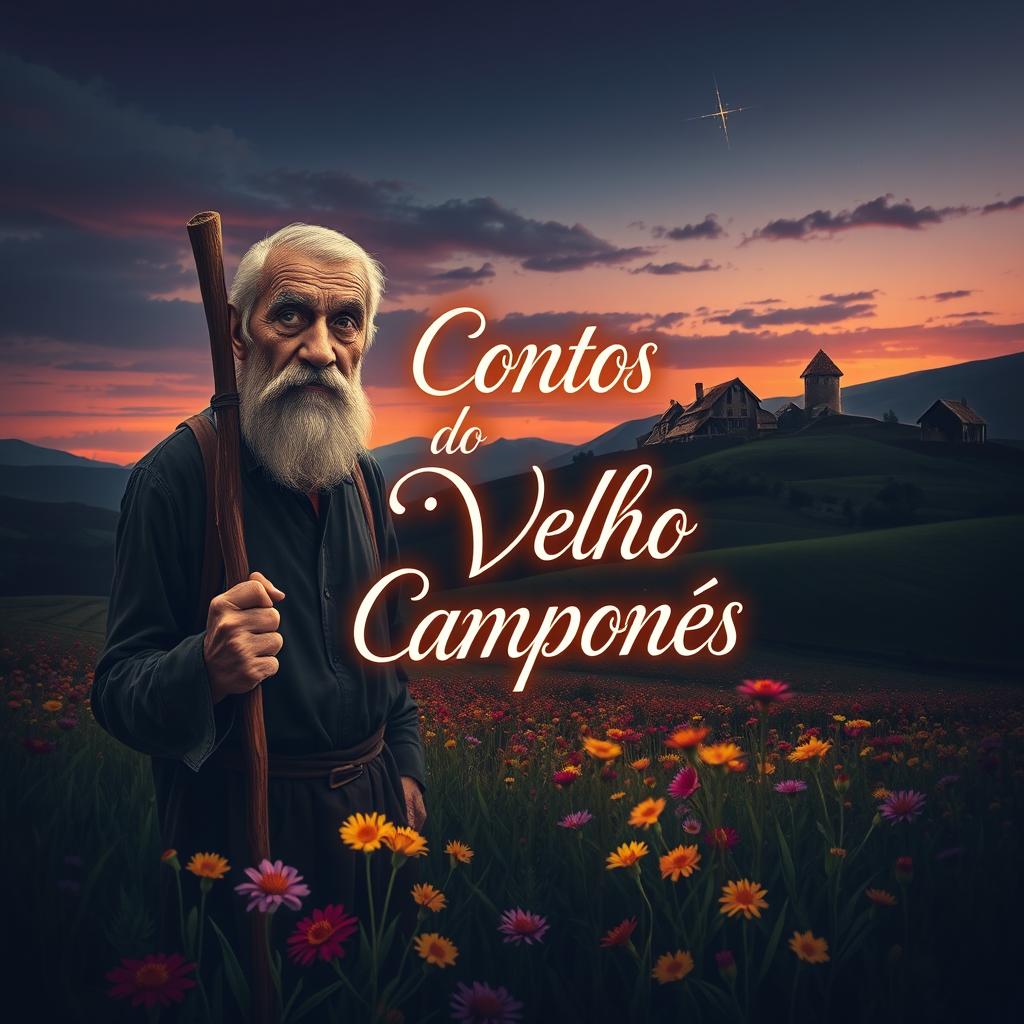 A captivating book cover design inspired by the novel 'Sangue de Tinta', featuring a mystical and enchanted farm landscape under a twilight sky