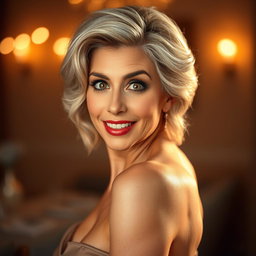 A gorgeous 65-year-old woman with a surprised expression, facing the camera directly in a sensual pose