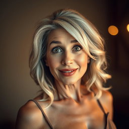 A gorgeous 65-year-old woman with a surprised expression, facing the camera directly in a sensual pose