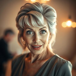 A gorgeous 65-year-old woman with a surprised expression, facing the camera directly in a sensual pose