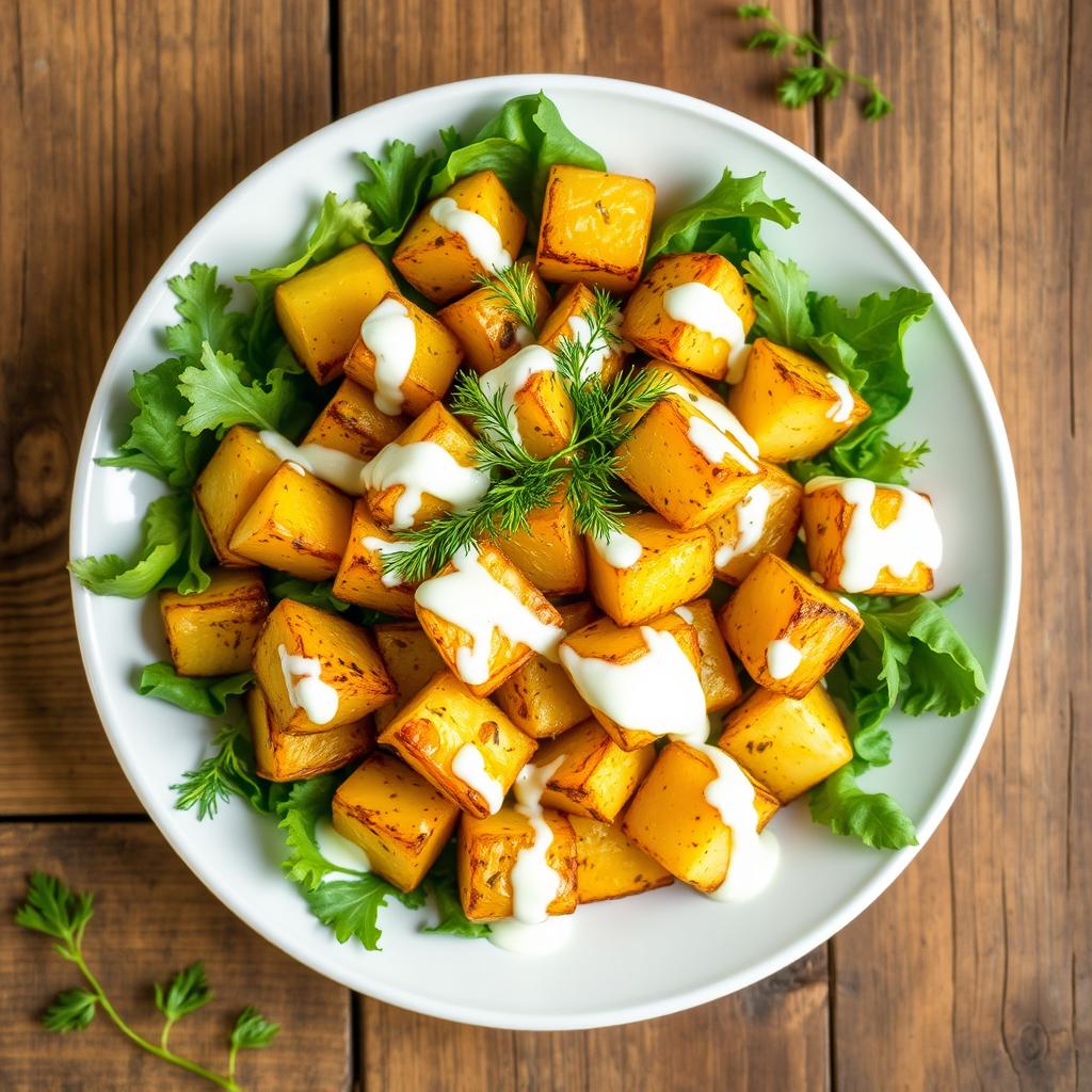 A delicious roasted potato salad garnished with dill and served with a creamy yogurt dressing