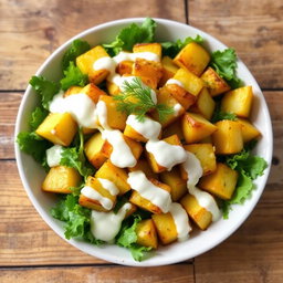 A delicious roasted potato salad garnished with dill and served with a creamy yogurt dressing