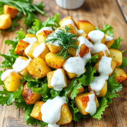 A delicious roasted potato salad garnished with dill and served with a creamy yogurt dressing