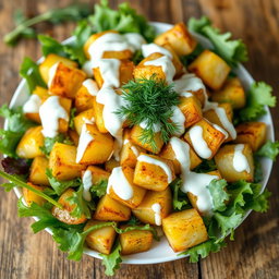 A delicious roasted potato salad garnished with dill and served with a creamy yogurt dressing