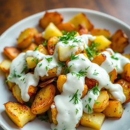 A delicious plate of roasted and crispy potato salad topped with a creamy yogurt and dill dressing, the yogurt generously covering the potatoes
